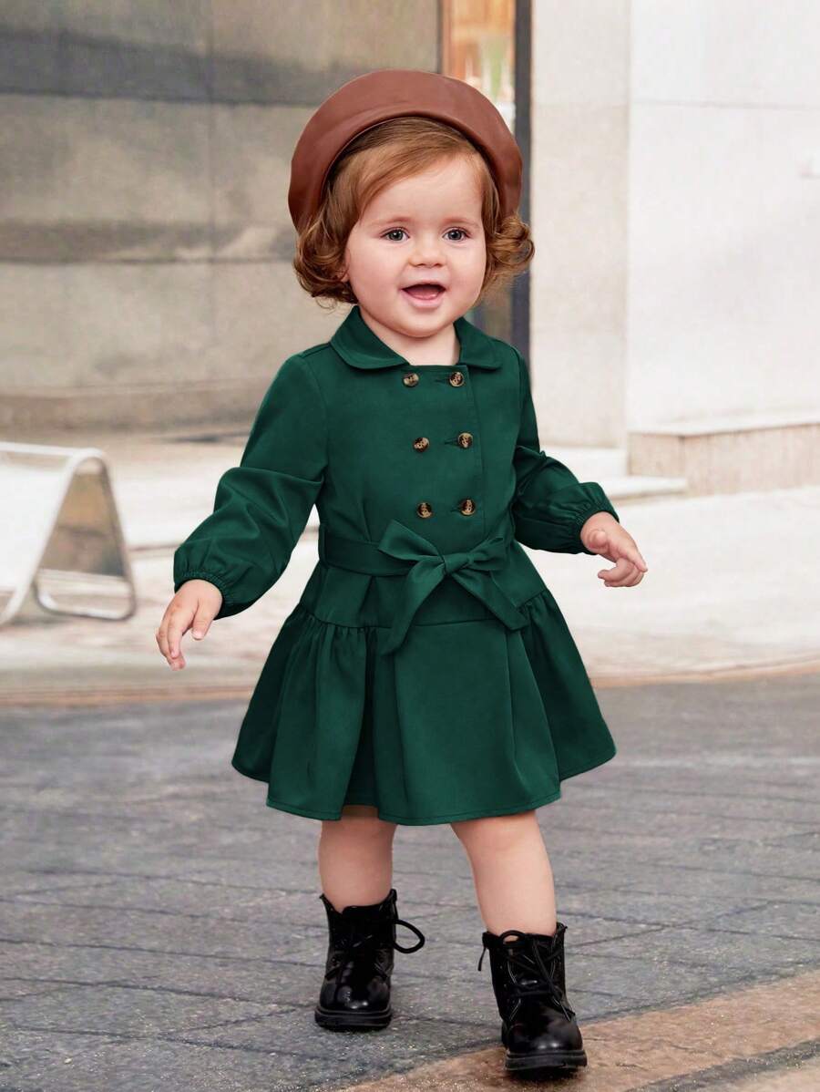SHEIN Baby Girls' Vintage Elegant Lapel Double Breasted Belted Long Sleeve Loose Hem Dress