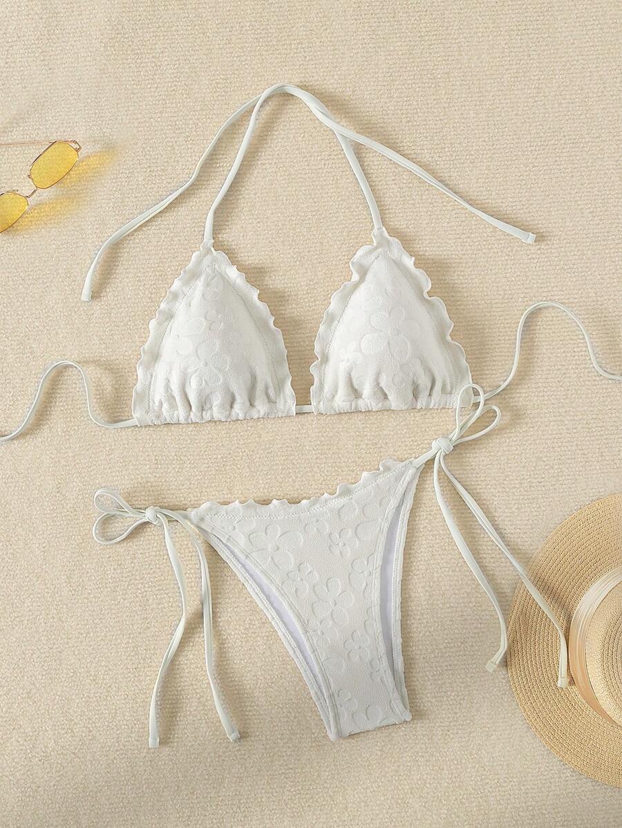 Swim Mod Frilled Edged Flower Pressed Triangle Cup Knotted Side Bikini Set Wedding Summer