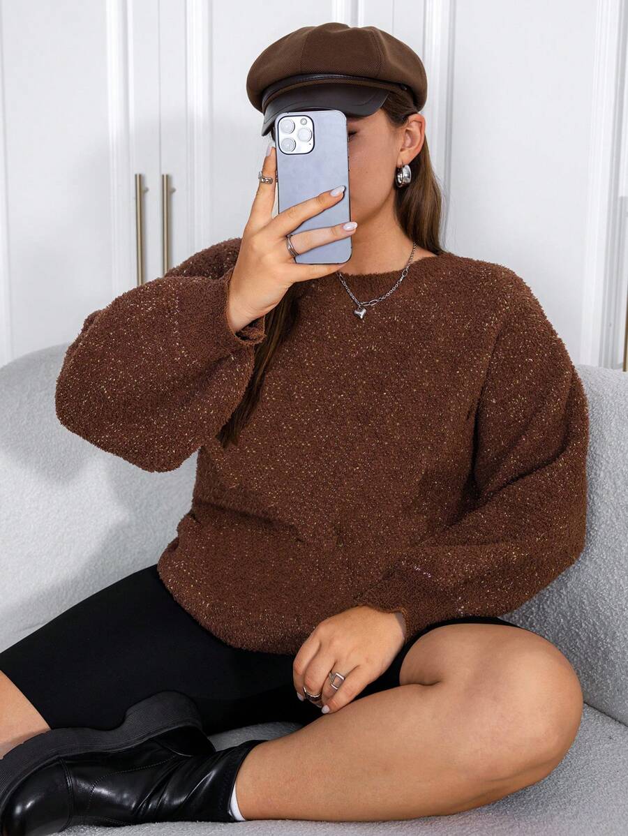 SHEIN EZwear Plus Size Women'S Lantern Sleeve Round Neck Sweater