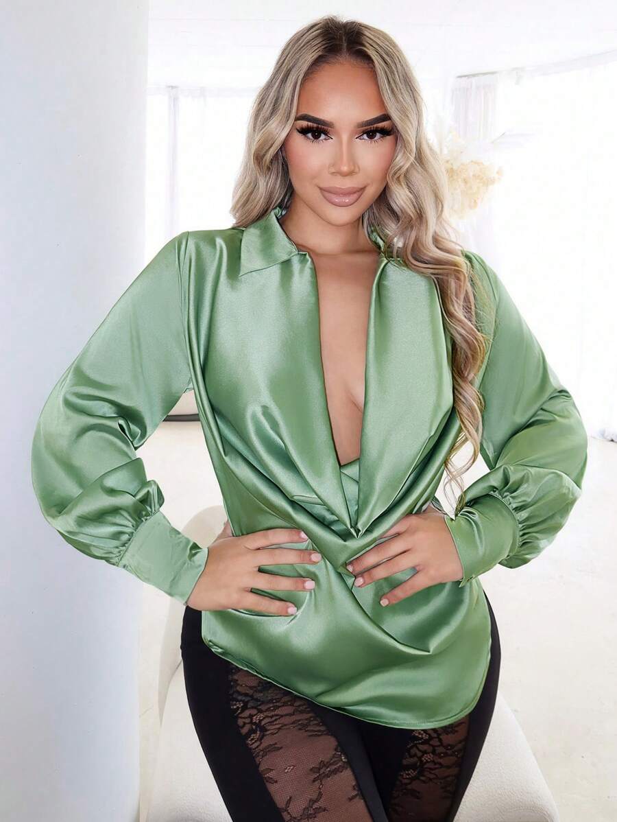 SHEIN SXY Spring Women Clothes Satin Swing Collar Women's Long Sleeve Shirt