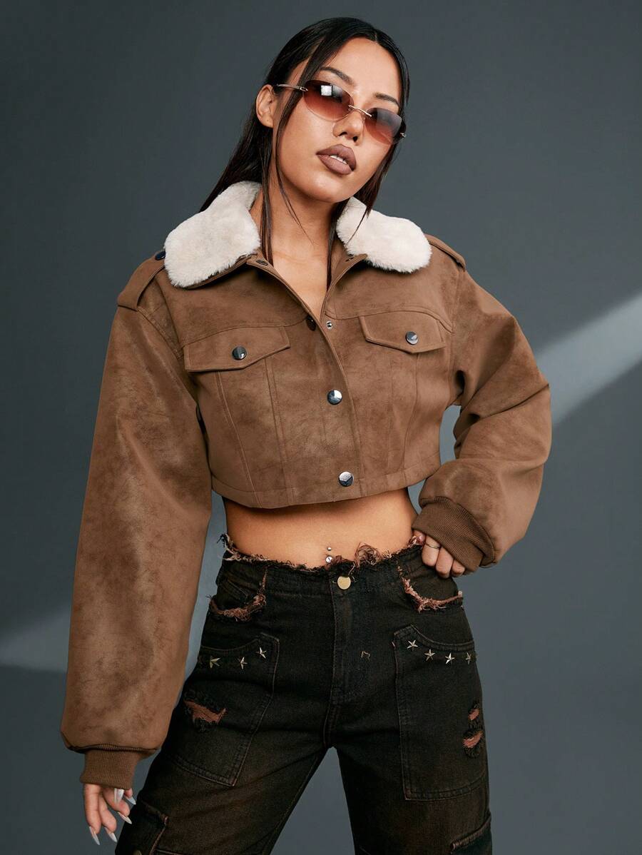 SHEINNeu Veste Courte À Col Contrastant En Couleur Pour Femme