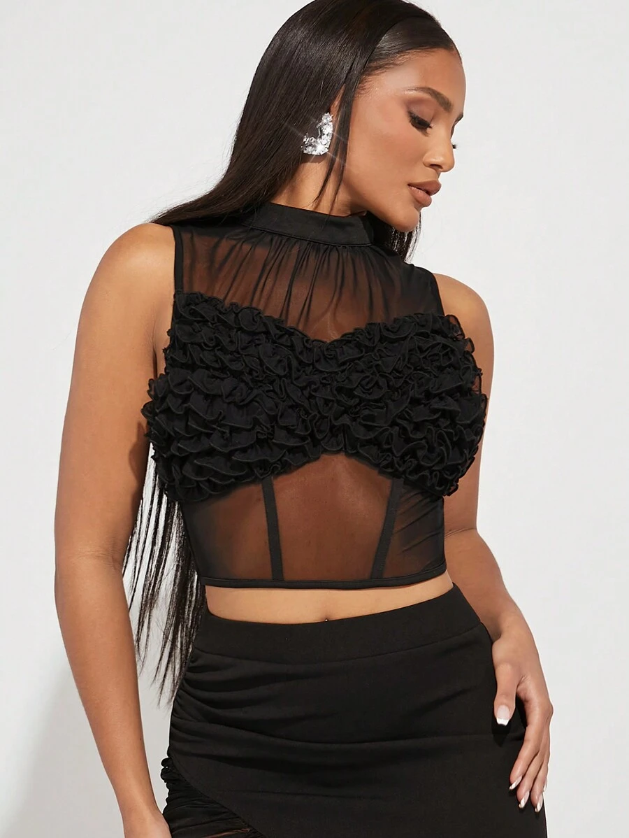 Hauture Ruffle Bust Mock Neck Crop Top