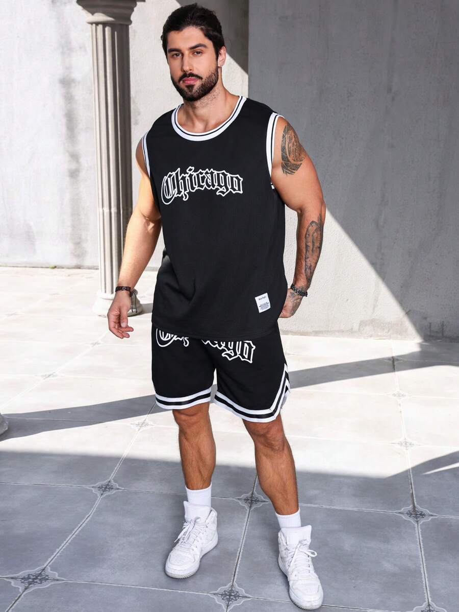 Manfinity Homme Heren Grote maten Alfabet Print Gestreepte trim Tank tops En Short set