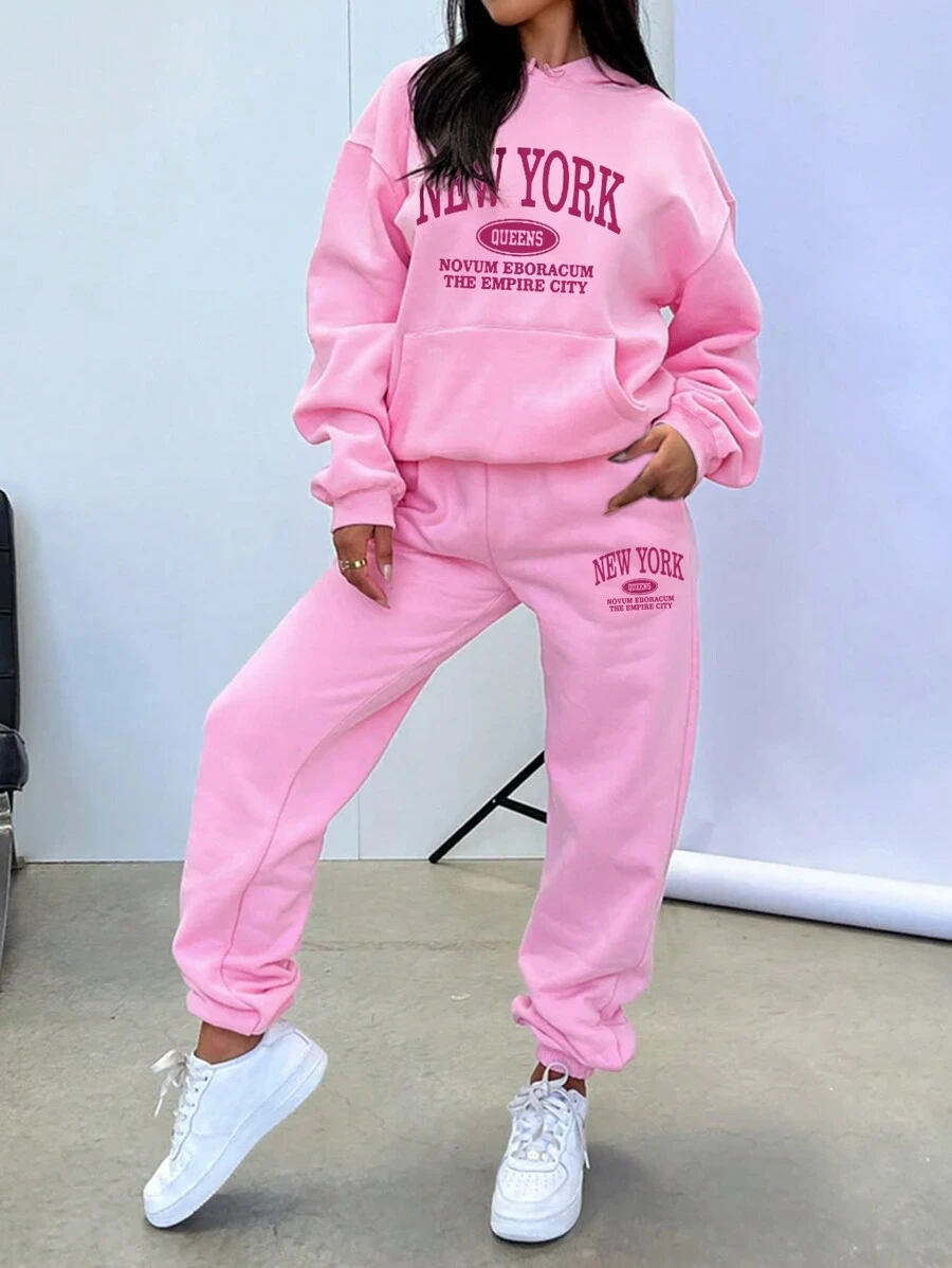 INAWLY Text Pattern Hooded Casual Two-piece Set