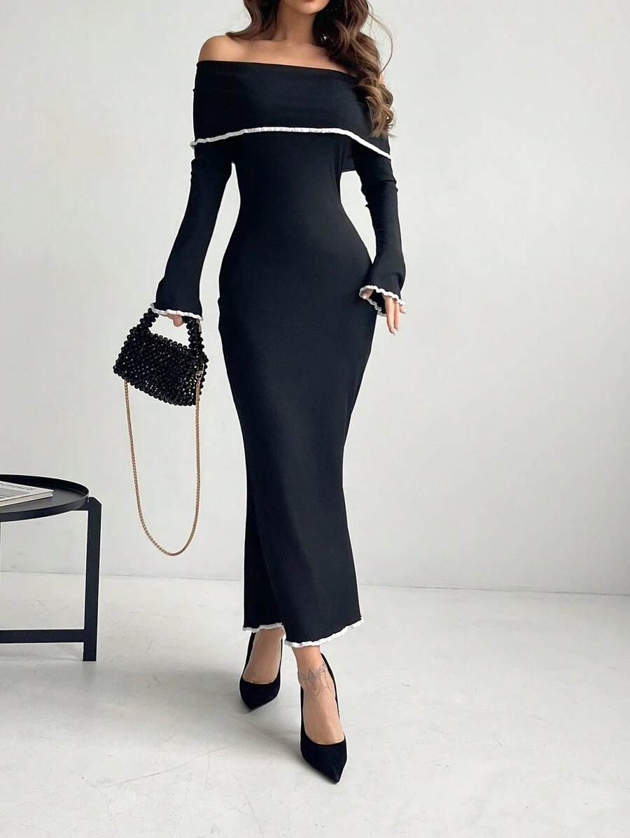 Aloruh Women's Ruffled Sleeves & Fish Tail Style Bodycon Dress With Color Block Details And Off Shoulder Design With Sleeves,Tea Party Dress