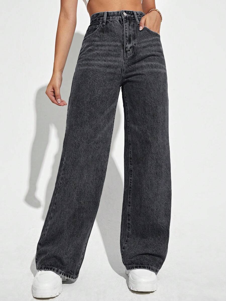 SHEIN ICON Damskie jeansy Guziki Kieszeń Zamek błyskawiczny Prosty