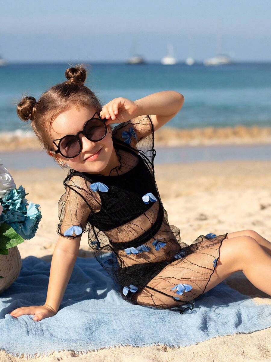 SHEIN 3 pièces Maillot de bain décontracté rayé à large fosse séparée pour jeune fille et charmant cache-maillot de papillon en maille