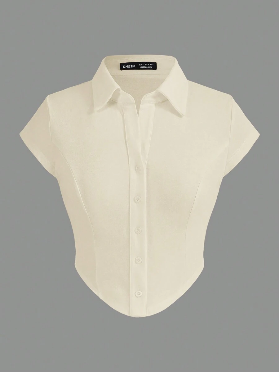 SHEIN EZwear Women'S Asymmetrical Hem Open Front Shirt Button Up Shirt