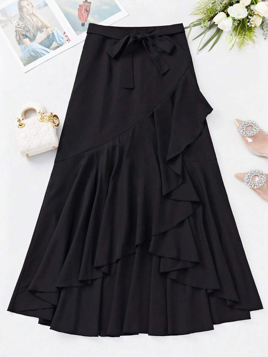Calvaya Women's Solid Color Asymmetrical Skirt With Ruffle Hemline And Tie Waist Maxi Women Outfit
