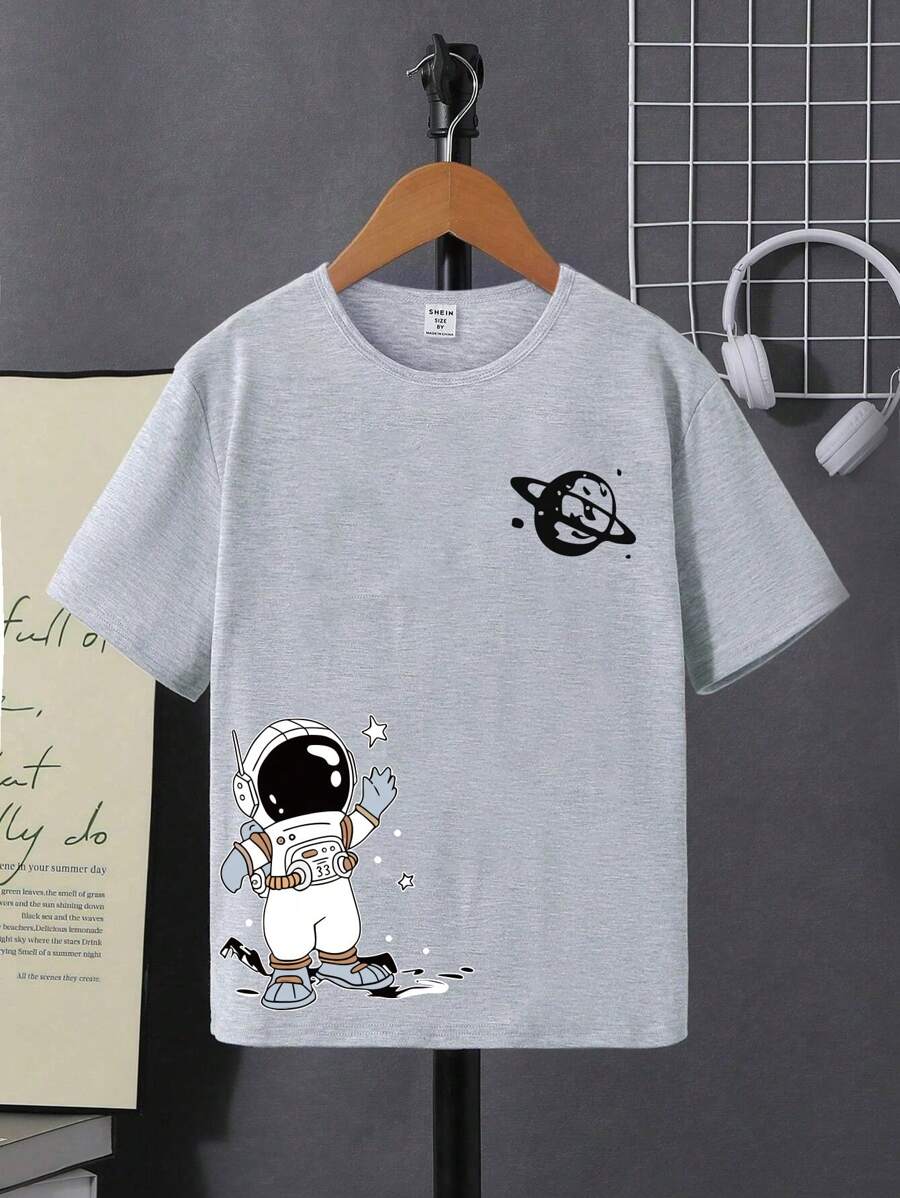 SHEIN Junge In Der Pubertät 1 Stück Basic T-shirt Mit Rundhals Und Astronaut Cartoon Muster Druck