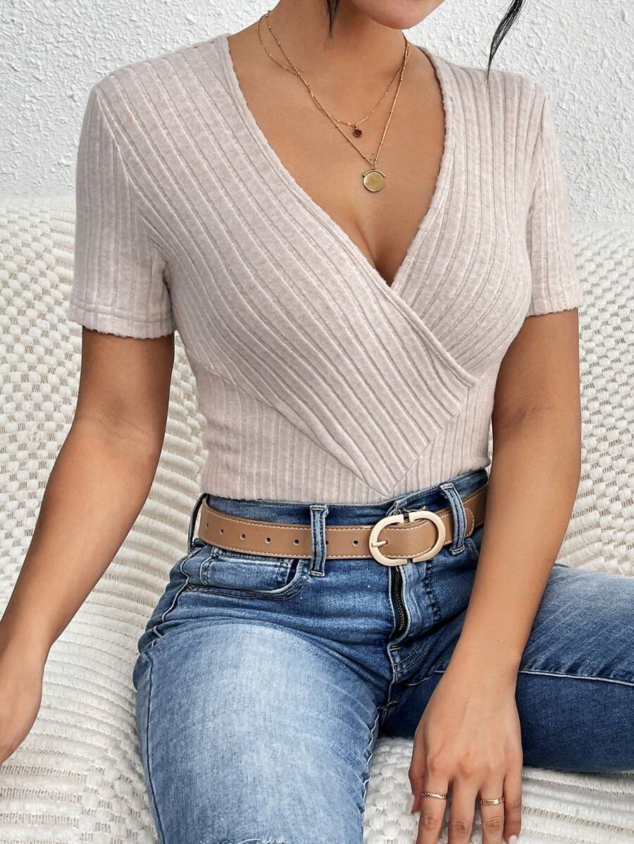 SHEIN Frenchy Women's Corset Wrap V-Neck Striped T-Shirt