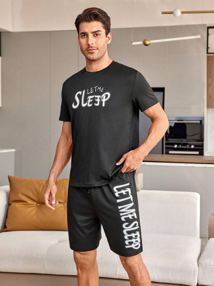 Conjunto De Pijama Para Hombres Con Impresión De Lema En Manga Corta Y Pantalones Cortos