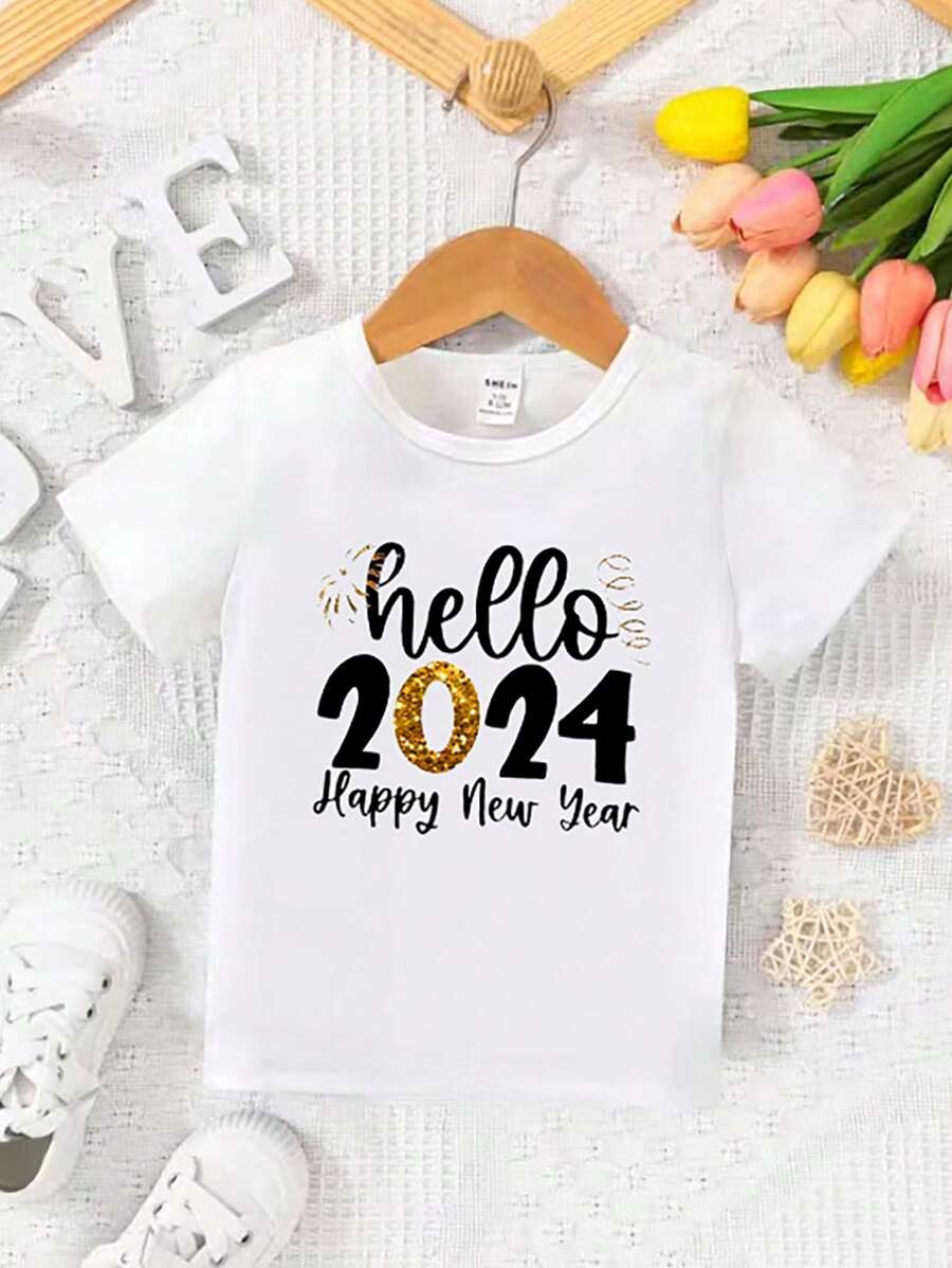 SHEIN Young Boys' New Year Slogan Print T-Shirt