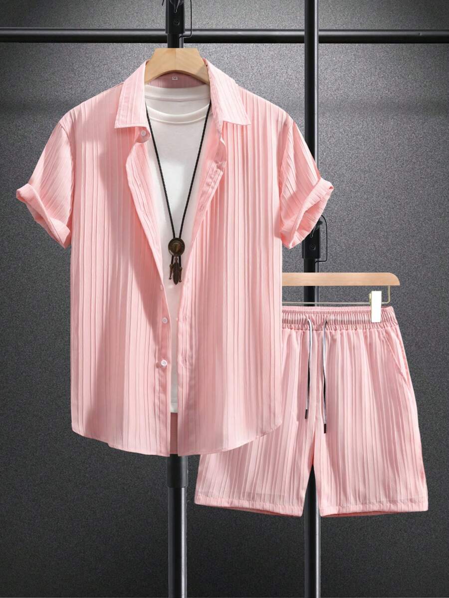 Manfinity Homme Men's Solid Color Short Sleeve Shirt And Shorts Two Piece Set