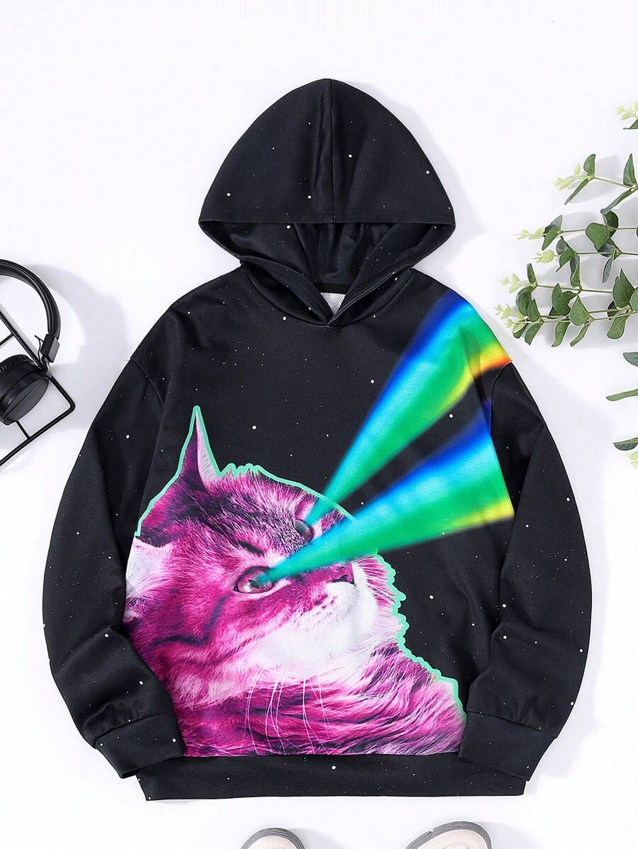 SHEIN Sudadera Con Capucha Impresa Cool Cat Casual Para Niños