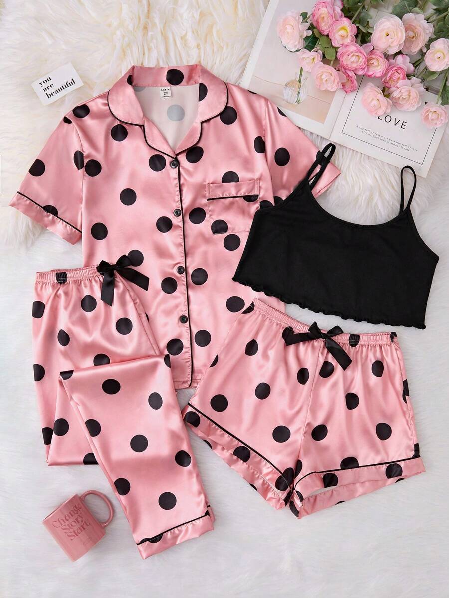 Conjunto De 4 Peças Para Casa Com Bolinhas Rosa Para Meninas Adolescentes, Incluindo Calças Compridas, Camisa De Manga Curta, Shorts E Camisola, Casual E Confortável