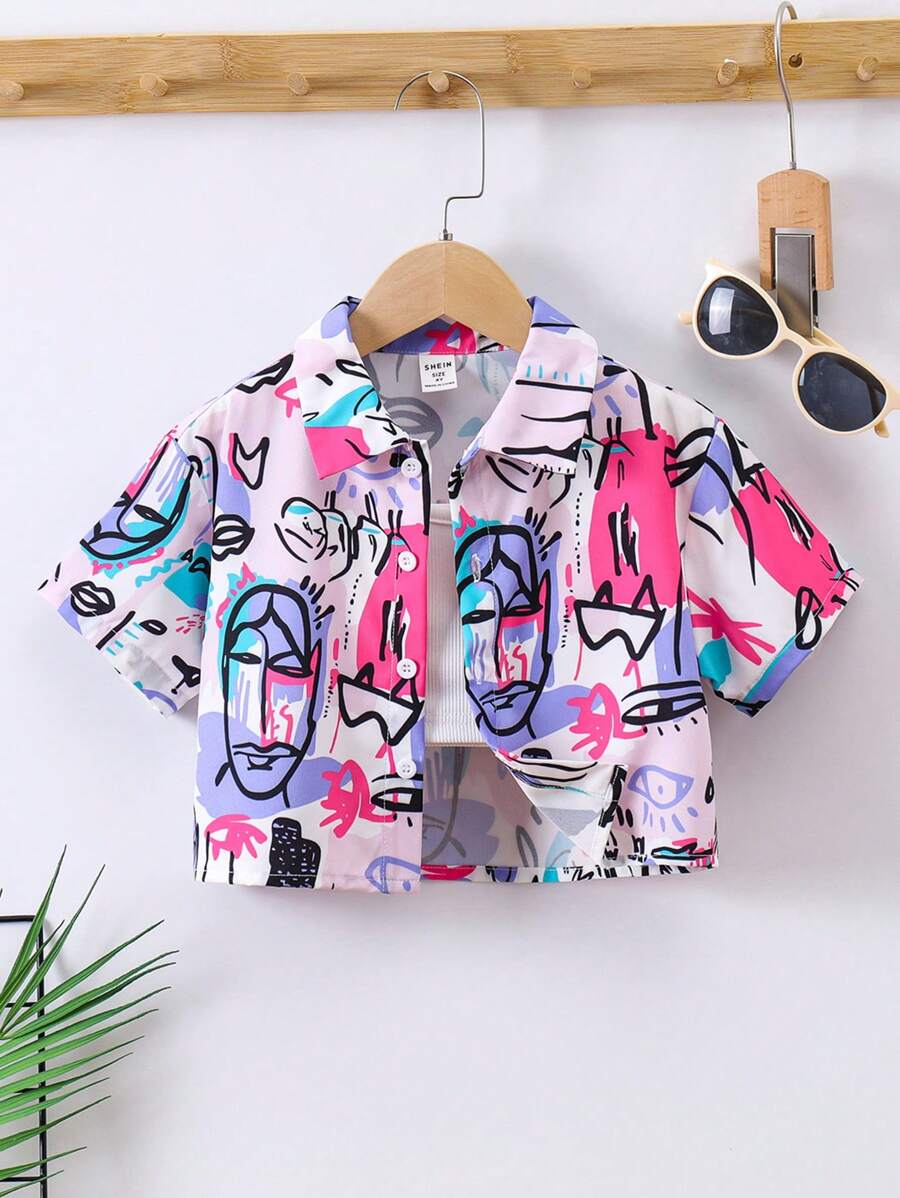 SHEIN Young Girls Graffiti Print Cropped Short Sleeve Shirt