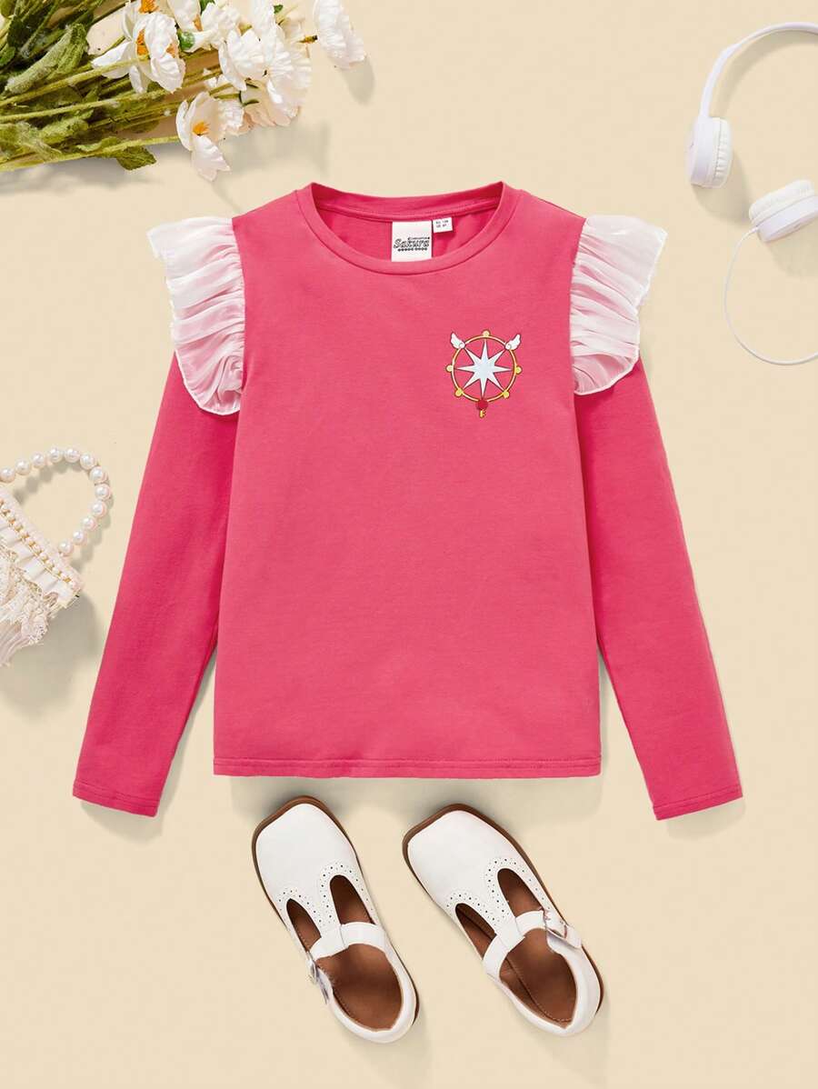 CARDCAPTOR SAKURA | SHEIN Tween Girl Cartoon Printed Ruffle Trim Long Sleeve T-Shirt