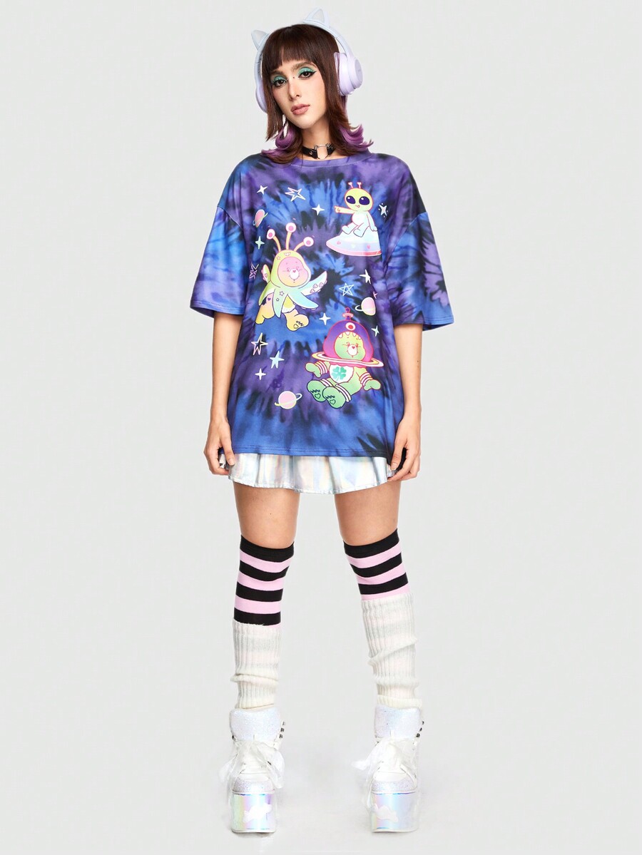 ROMWE X Care Bears Tie Dye Rainbow Loose Fit Alien & Colorful Star ...