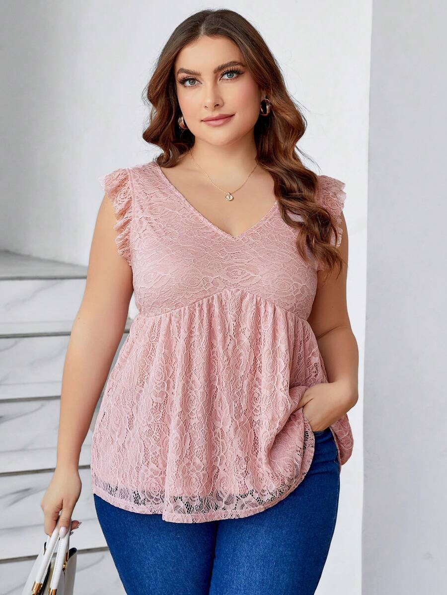 SHEIN Clasi Plus Size V-Neck Ruffle Hem Decorated Lace Elegant Blouse