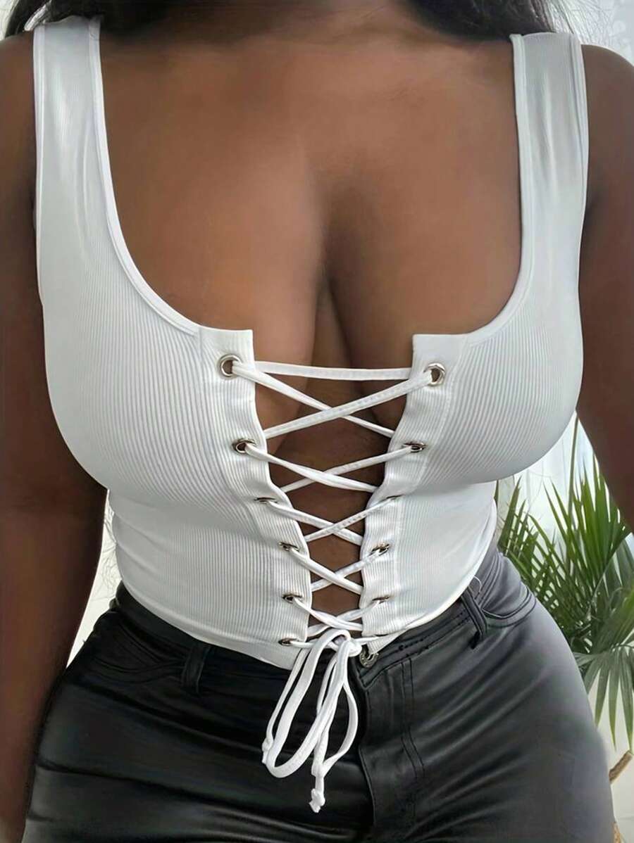 INAWLY Plus Size Women's Ribbed Tie Back Tank Top
