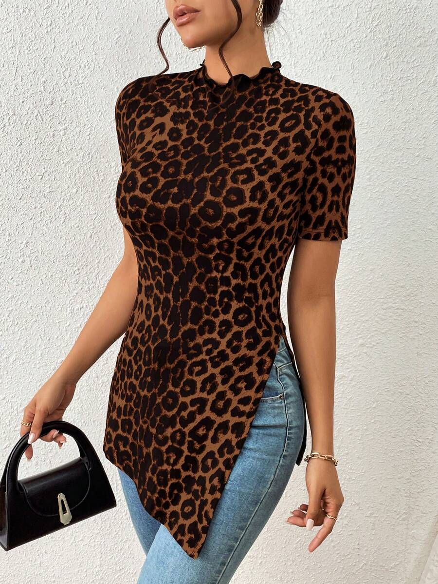 SHEIN Essnce Leopard Top Casual & Commute Leopard Print Knitted High Elasticity Split Hem Half-Length T-Shirt For Summer