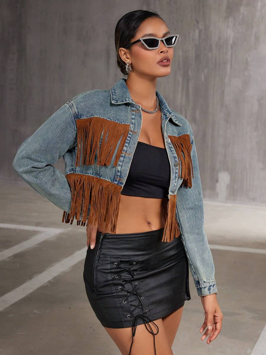 SHEIN BAE Veste En Jean Ornée De Franges À Blocs De Couleurs