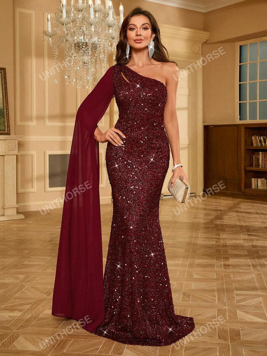 One Shoulder Chiffon Evening Dress With Draped Sleeve And Sequin Detail
