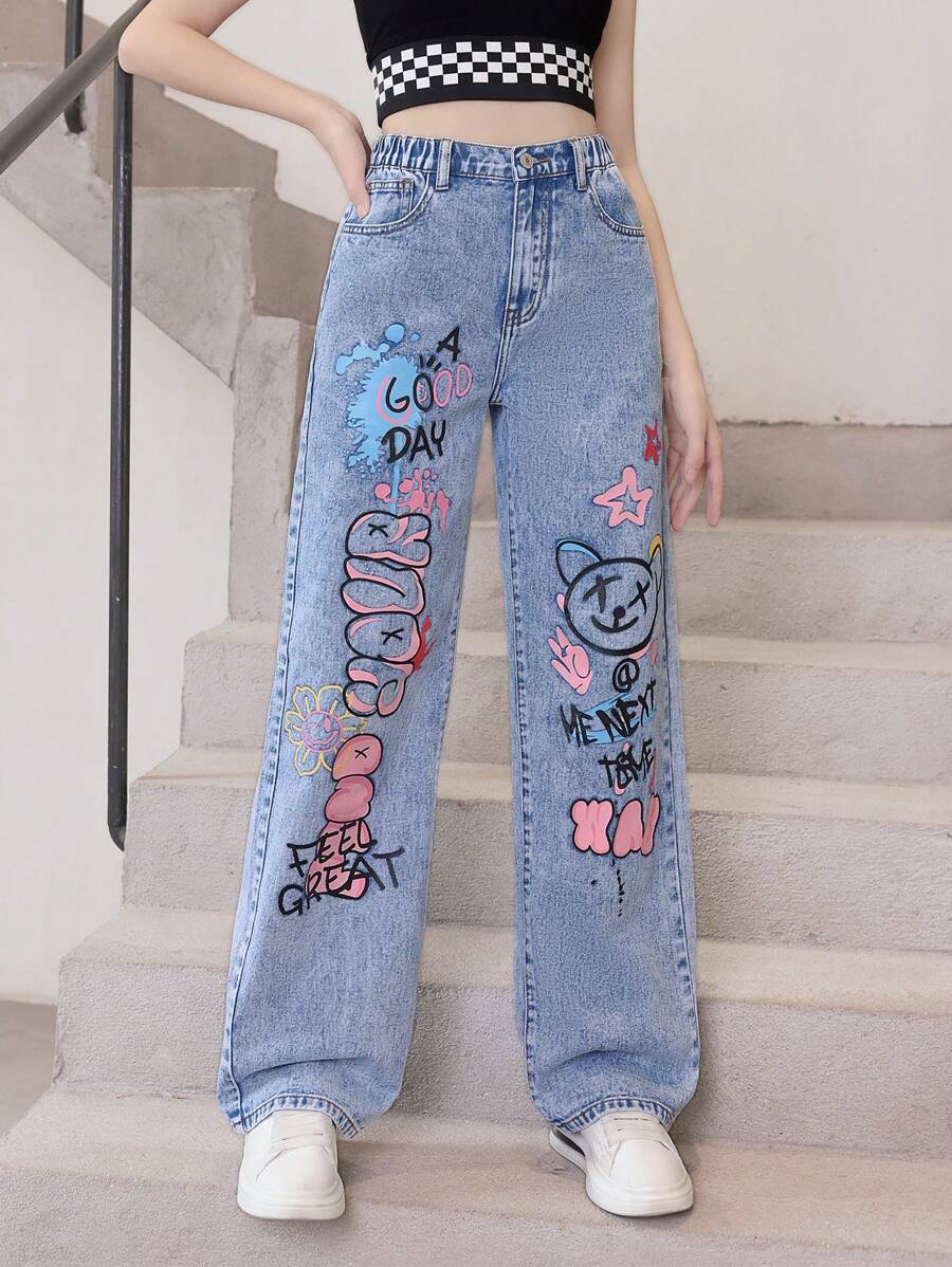 Lässige Und Modische Jeans Mit Geradem Bein Aus Gewaschenem Denim Mit Graffiti-print Für Teenager-mädchen