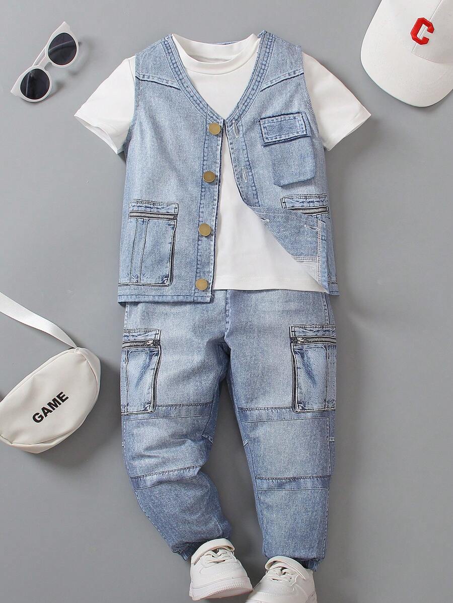 SHEIN Young Boy Solid Color Short Sleeve T-Shirt And Denim Effect Vest And Pants 2pcs Set