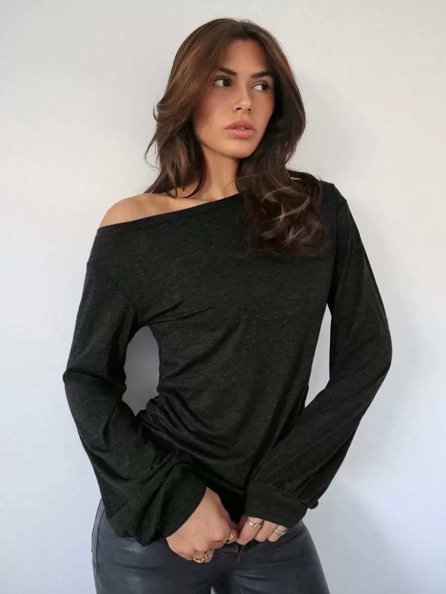 Siren Gaze Women Slash Shoulder Long Sleeve T Shirt,Black Long Sleeve Tops,Autumn Women's Clothing,Women's Clothing