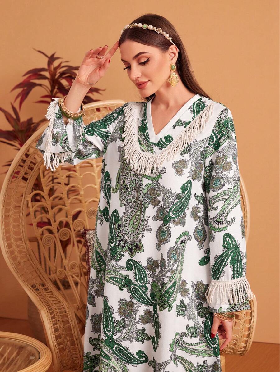 Al Najma Paisley Print Fringe V-Neck Dress