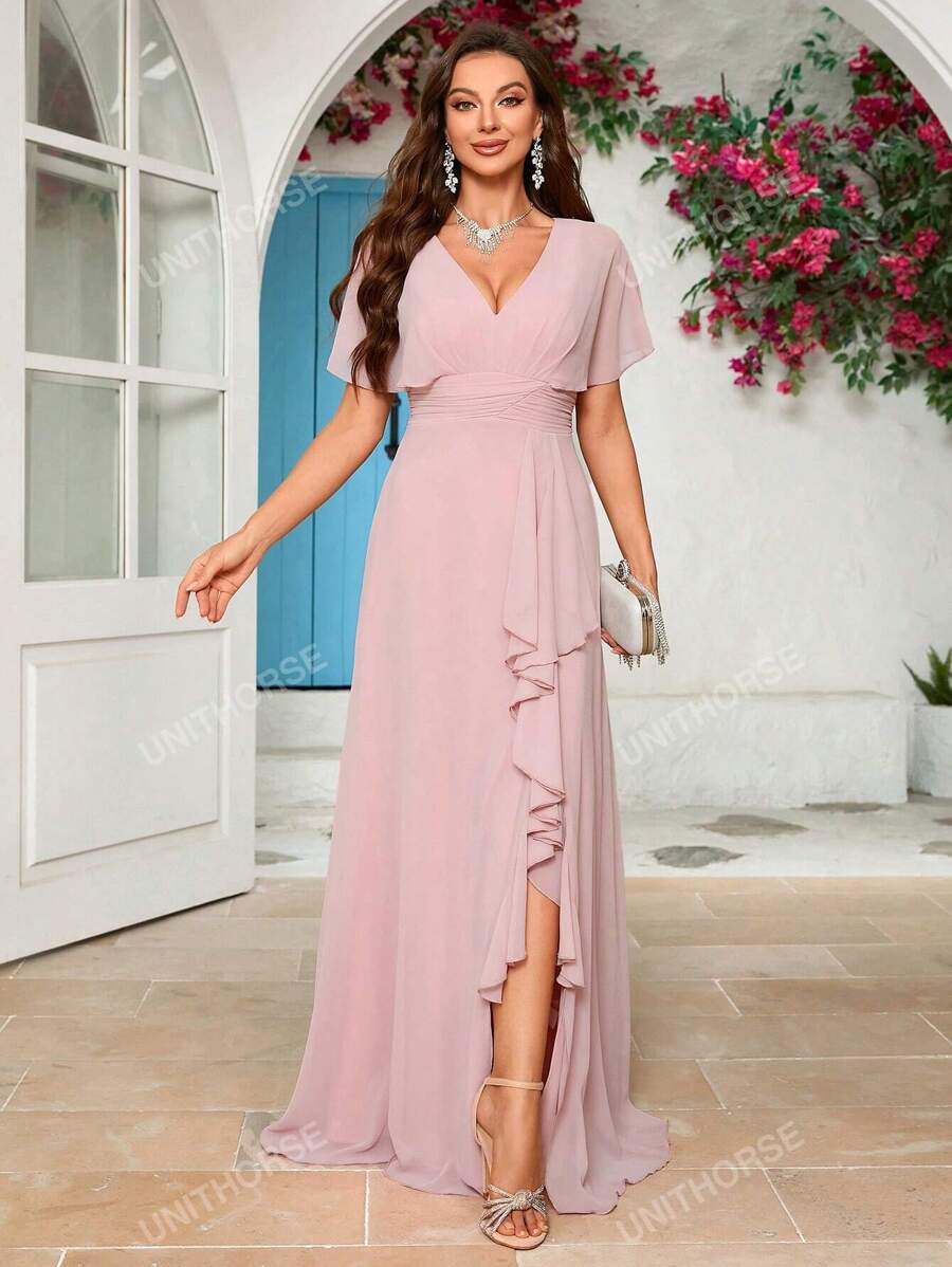 Women's V-Neck Chiffon Bridesmaid Dress With Slit Elegant Dress, Birthday Women Outfits, Graduation Dress, Formal Dress