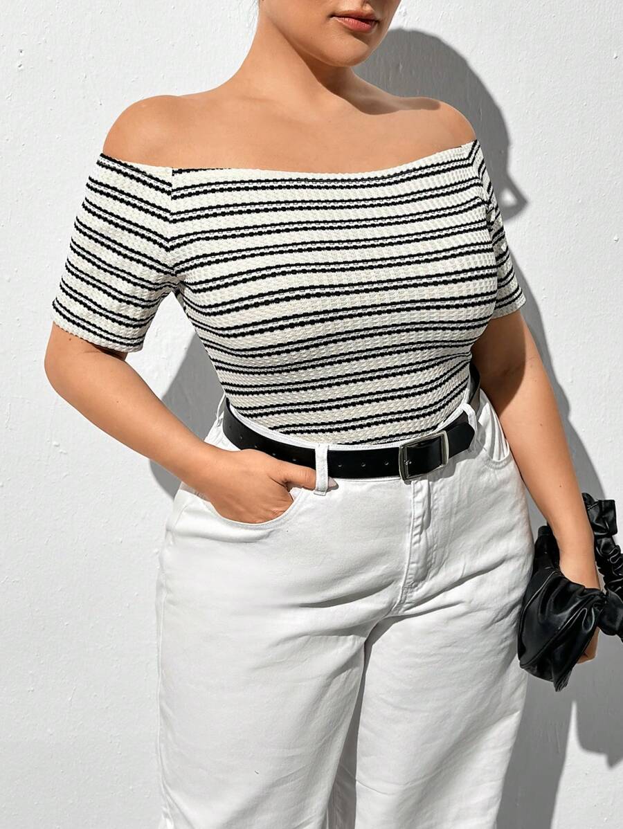 SHEIN Essnce Plus Size Women's Spring And Summer New Fashion Casual Vacation One-Shoulder Striped Short-Sleeved Tight T-Shirt