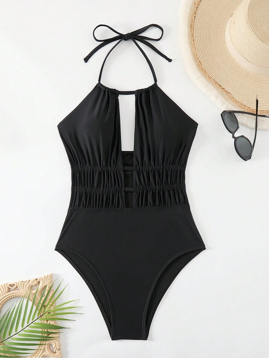 SHEIN Swim Women'S OnePiece Halter Neck Swimsuit With Hollow Out