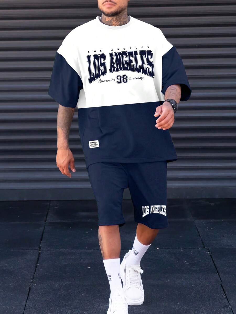Manfinity Sporsity Hombres talla grande Shorts con camiseta de hombros caídos con estampado de letra de color combinado