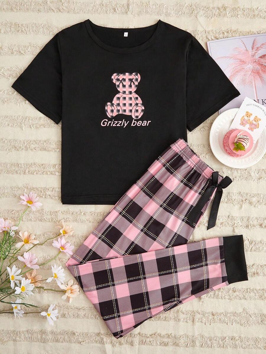Ensemble de pyjama femme à manches courtes avec imprimé d'ours de bande dessinée