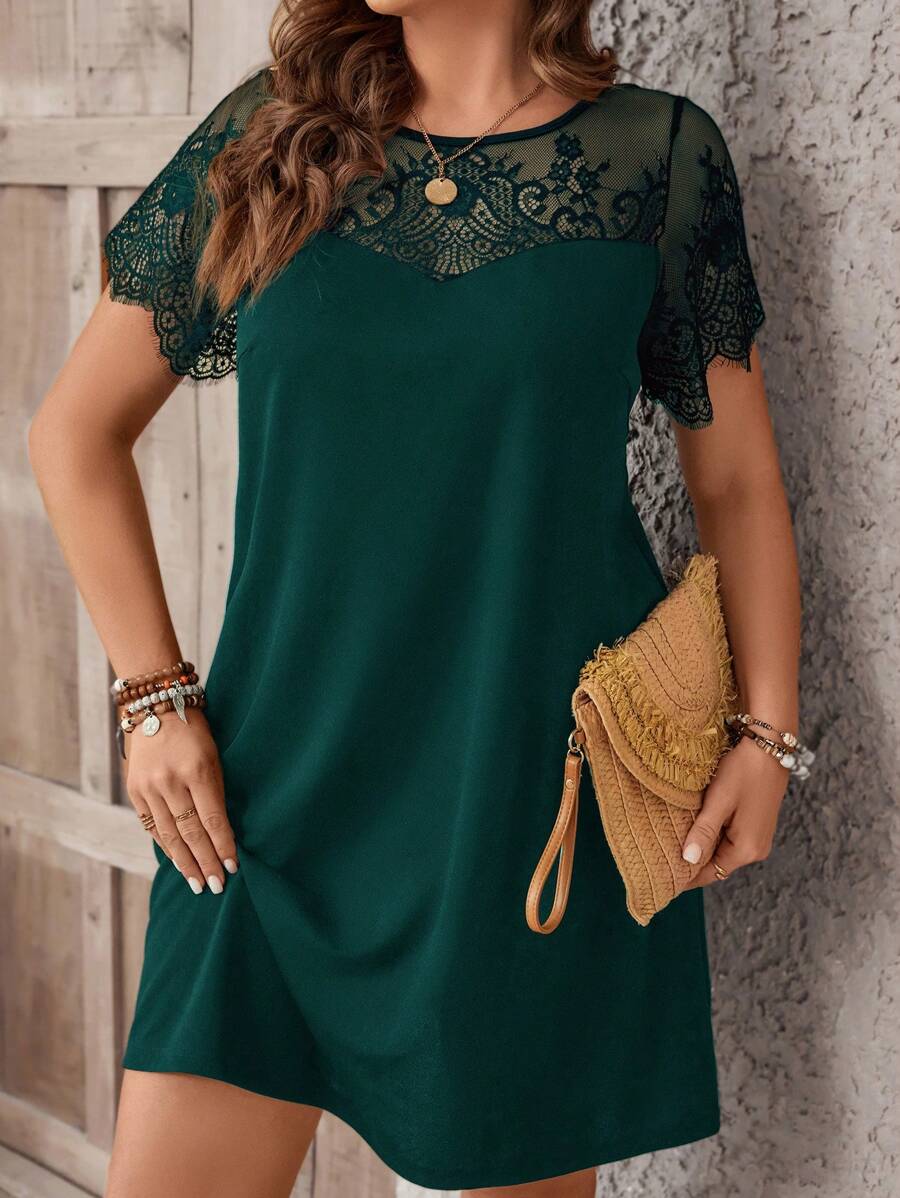 SHEIN Clasi Plus Size Short Sleeve Lace Panel Dress