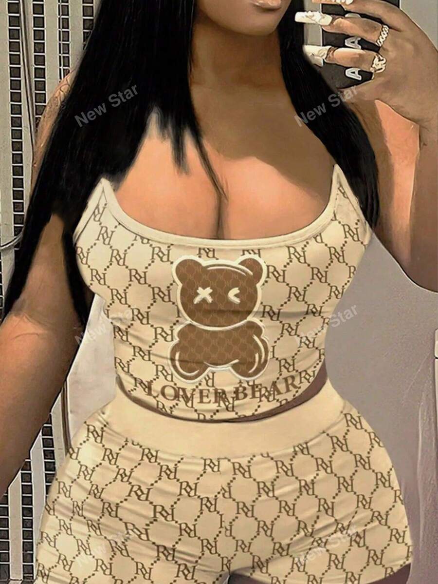 Conjunto De Top De Tanque Sexy Y Shorts De Mujer Con Impresión De Letras Y Osos