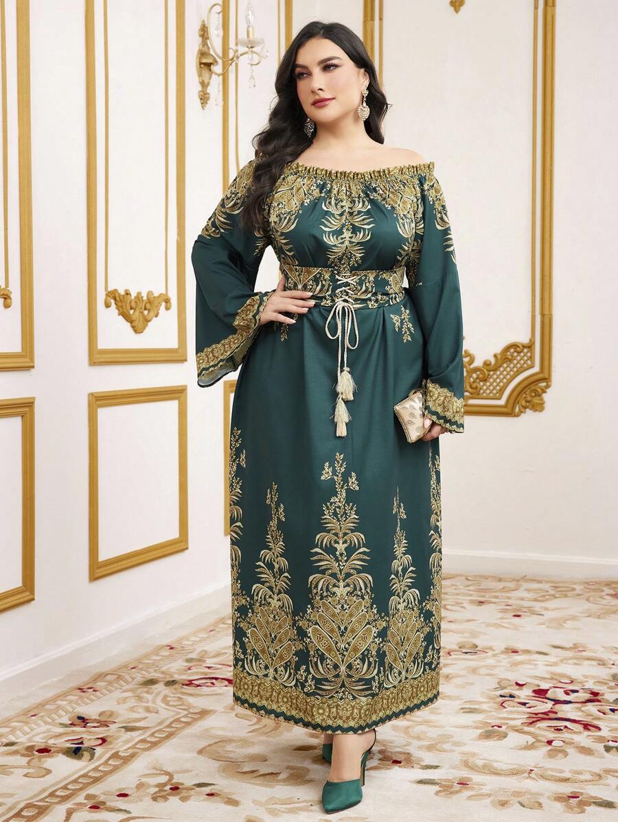 Al Najma Plus Size Women'S Plant Print Lace Up Waist Dress