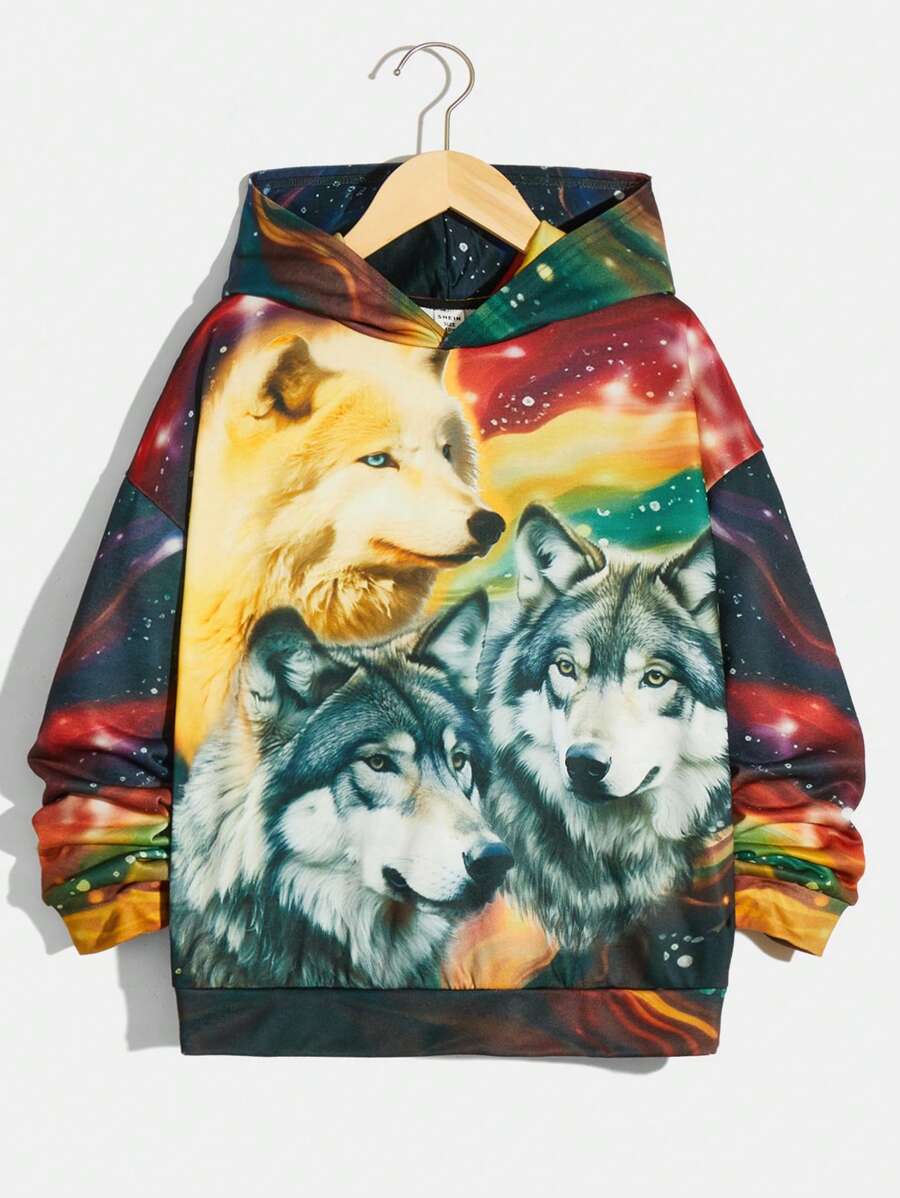 SHEIN Tween Boys' Cool Animal Printed Hooded Loose Fit Pullover Knitted Sweatshirt For Casual And Street Wear