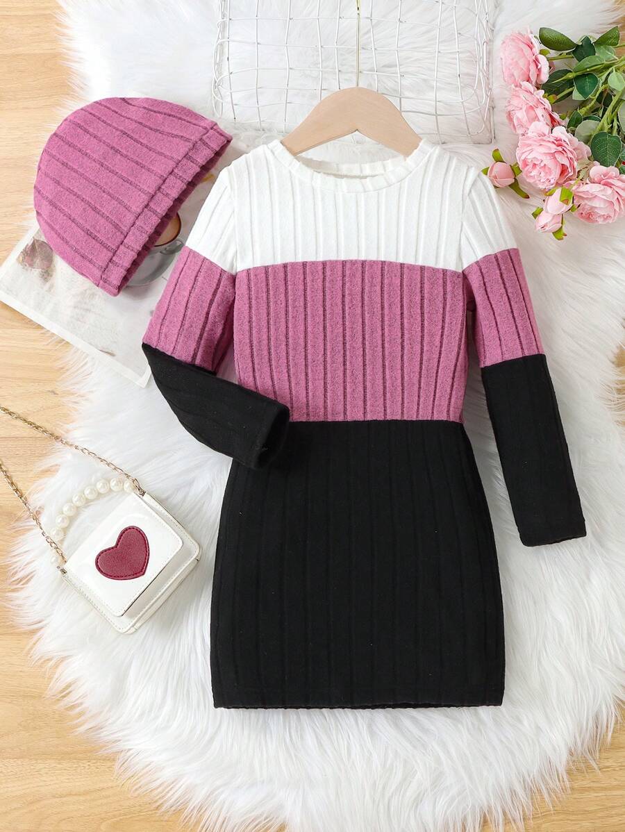 SHEIN Young Girl Autumn Knitted Dress With Color Block Design, Long Sleeve And Soft Plush Fabric, With Hat