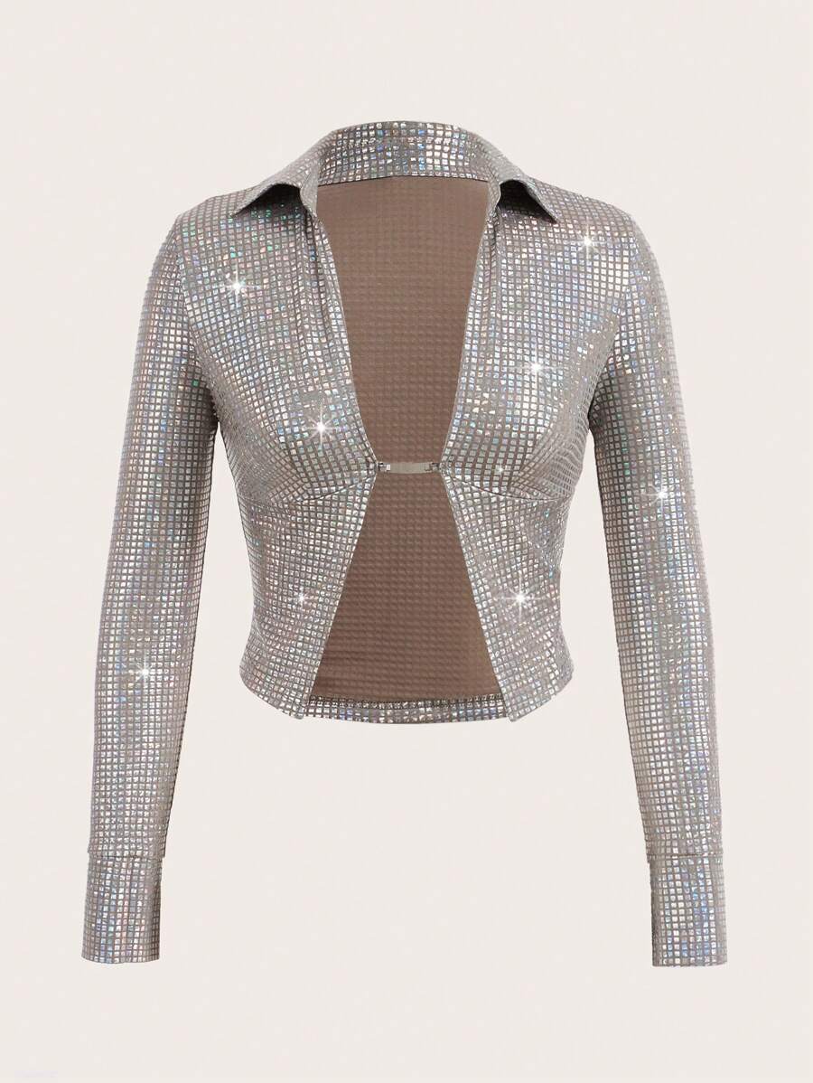 SHEIN ICON Glitter Open Front Shirt