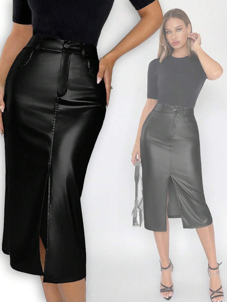 BizChic Women's Pu Leather Split Hem Skirt