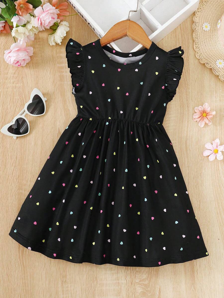 SHEIN Young Girl Heart Print Ruffle Hem Dress For Summer
