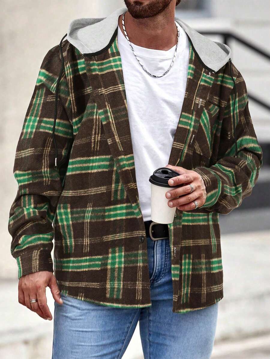 Extended Sizes Men'S Plus Size Plaid Hooded Woolen Jacket