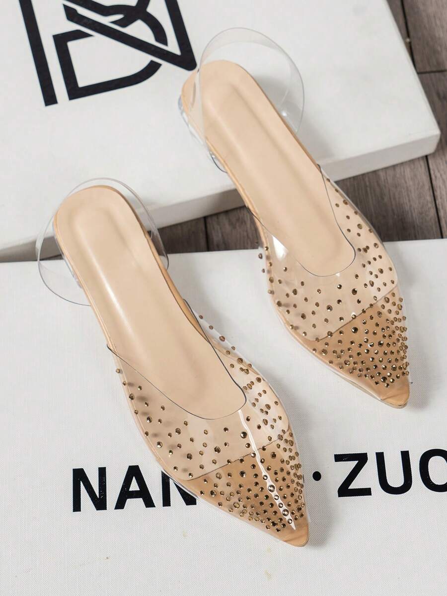 Women's Flat Shoes With Rhinestone, Latest Style Apricot-Colored Shoes, Transparent Crystal Heels, Elegant Ladies' Shoes With Crystal Clear Transparent Flat Soles For Weddings; Platform Low-Cost Women's Outdoor Flat Shoes, Women's Sexy And Seductive Shoes