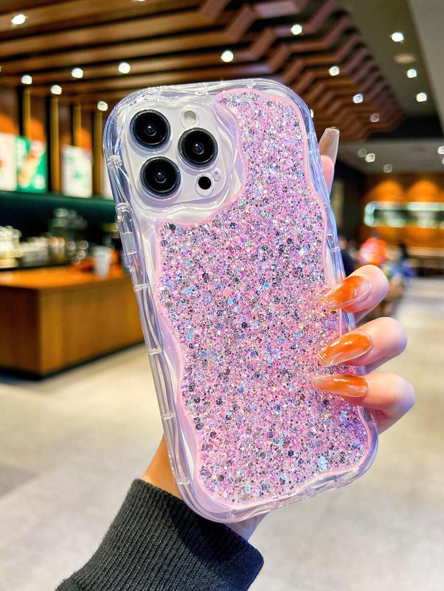 SHEIN Compatible With IPhone Mobile Phone Case, Wave Mobile Phone Case, Glue Glitter Powder Anti-Fall Protective Cover
