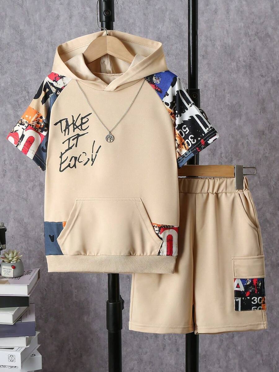 SHEIN Conjunto De Camiseta Com Capuz E Estampa De Slogan E Shorts Para Adolescentes