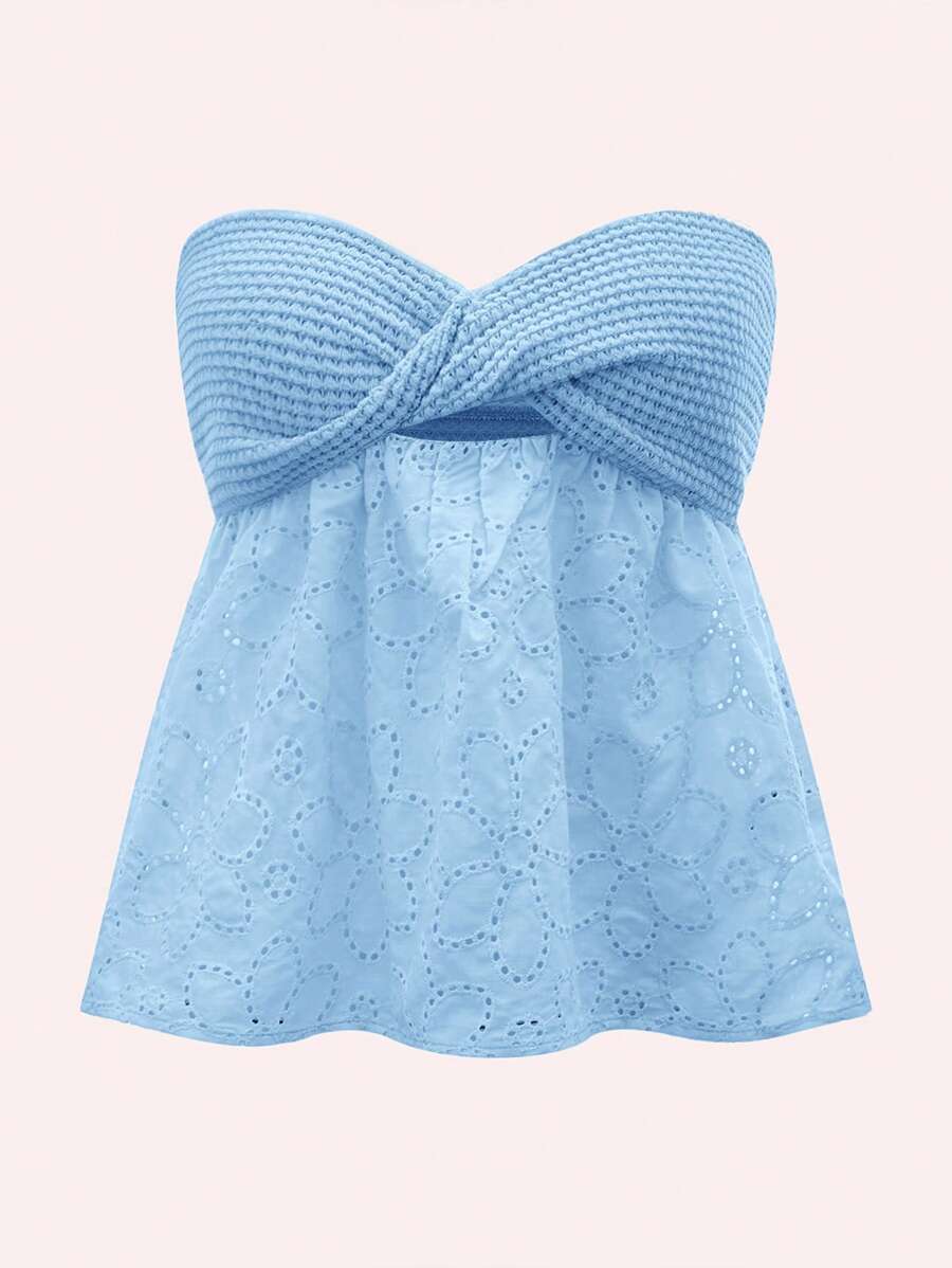 Soleia Top Bustier De Mujer Azul Con Cruz Frontal, Nudo Retorcido Y Diseño De Huecos